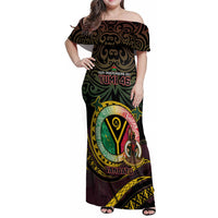 Personalised Vanuatu Family Matching Off Shoulder Maxi Dress and Hawaiian Shirt Yumi 46th Hapi Independens Dei - Black Version LT14 Mom's Dress Black - Polynesian Pride