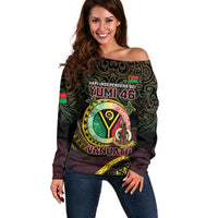 Personalised Vanuatu Off Shoulder Sweater Yumi 46th Hapi Independens Dei - Black Version LT14 Women Black - Polynesian Pride