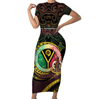 Personalised Vanuatu Short Sleeve Bodycon Dress Yumi 46th Hapi Independens Dei - Black Version LT14 Long Dress Black - Polynesian Pride