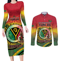 Personalised Vanuatu Couples Matching Long Sleeve Bodycon Dress and Long Sleeve Button Shirt Yumi 45th Hapi Independens Dei - Reggae Version LT14