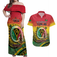 Personalised Vanuatu Couples Matching Off Shoulder Maxi Dress and Hawaiian Shirt Yumi 46th Hapi Independens Dei - Reggae Version LT14 Reggae - Polynesian Pride