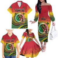 Personalised Vanuatu Family Matching Off The Shoulder Long Sleeve Dress and Hawaiian Shirt Yumi 45th Hapi Independens Dei - Reggae Version LT14