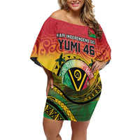 Personalised Vanuatu Family Matching Off Shoulder Short Dress and Hawaiian Shirt Yumi 45th Hapi Independens Dei - Reggae Version LT14