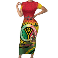 Personalised Vanuatu Short Sleeve Bodycon Dress Yumi 46th Hapi Independens Dei - Reggae Version LT14 Long Dress Reggae - Polynesian Pride