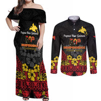 Papua New Guinea Independence Day Couples Matching Off Shoulder Maxi Dress and Long Sleeve Button Shirt PNG Bird of Paradise 50th Anniversary LT14 Black - Polynesian Pride