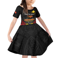 Papua New Guinea Independence Day Family Matching Off Shoulder Short Dress and Hawaiian Shirt PNG Bird of Paradise 50th Anniversary LT14 Daughter's Dress Black - Polynesian Pride