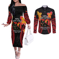 Papua New Guinea Independence Day Couples Matching Off The Shoulder Long Sleeve Dress and Long Sleeve Button Shirt PNG Since 1975 LT14 Black - Polynesian Pride