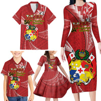 Personalised Tonga Independence Day Family Matching Long Sleeve Bodycon Dress and Hawaiian Shirt Happy 54th Independence Anniversary Ngatu Pattern