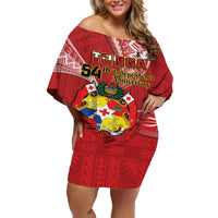 Personalised Tonga Independence Day Off Shoulder Short Dress Happy 54th Independence Anniversary Ngatu Pattern LT14 Women Red - Polynesian Pride