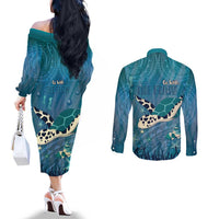 World Sea Turtle Day Polynesia Couples Matching Off The Shoulder Long Sleeve Dress and Long Sleeve Button Shirt Go With The Flow