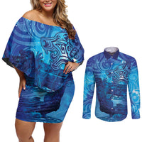 Kuri New Zealand Matariki Couples Matching Off Shoulder Short Dress and Long Sleeve Button Shirt Aotearoa Dog Waka Maori New Year Galaxy Vibes LT14 Blue - Polynesian Pride