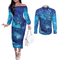 Kuri New Zealand Matariki Couples Matching Off The Shoulder Long Sleeve Dress and Long Sleeve Button Shirt Aotearoa Dog Waka Maori New Year Galaxy Vibes LT14 Blue - Polynesian Pride