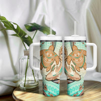 Hawaii Tumbler With Handle Polynesian Shark and Sea Turtle Dreamy Turquoise Artsy