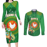Personalized Manu'a Cession Day Couples Matching Long Sleeve Bodycon Dress and Long Sleeve Button Shirt Tropical Flowers With Polynesian Pattern LT14 Green - Polynesian Pride