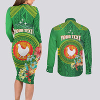 Personalized Manu'a Cession Day Couples Matching Long Sleeve Bodycon Dress and Long Sleeve Button Shirt Tropical Flowers With Polynesian Pattern LT14 - Polynesian Pride