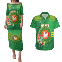 Personalized Manu'a Cession Day Couples Matching Puletasi and Hawaiian Shirt Tropical Flowers With Polynesian Pattern LT14 Green - Polynesian Pride