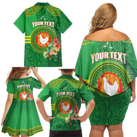 Personalized Manu'a Cession Day Family Matching Off Shoulder Short Dress and Hawaiian Shirt Tropical Flowers With Polynesian Pattern
