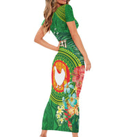 Personalized Manu'a Cession Day Family Matching Short Sleeve Bodycon Dress and Hawaiian Shirt Tropical Flowers With Polynesian Pattern