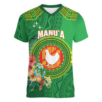 Personalized Manu'a Cession Day Women V-Neck T-Shirt Tropical Flowers With Polynesian Pattern