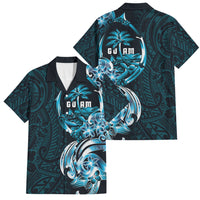 Asut Guam Chamorro Family Matching Off Shoulder Short Dress and Hawaiian Shirt Guahan Seal Tattoo LT14 Dad's Shirt - Short Sleeve Blue - Polynesian Pride