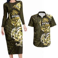 Amariyu Guam Chamorro Couples Matching Long Sleeve Bodycon Dress and Hawaiian Shirt Guahan Seal Tattoo LT14 Yellow - Polynesian Pride