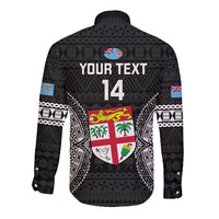 Custom Fiji Rugby Long Sleeve Button Shirt 2023 Fijian Tapa Pattern World Cup Black LT14 - Polynesian Pride