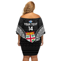 Custom Fiji Rugby Off Shoulder Short Dress 2023 Fijian Tapa Pattern World Cup Black LT14 - Polynesian Pride