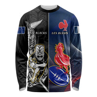 Custom New Zealand And France Rugby Long Sleeve Shirt All Black With Les Bleus Together 2023 World Cup LT14 Unisex Black - Polynesian Pride