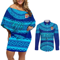 Personalised Fiji Couples Matching Off Shoulder Short Dress and Long Sleeve Button Shirts Unique Fijian Tapa Pattern With Coat Of Arms LT14 Blue - Polynesian Pride