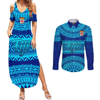 Personalised Fiji Couples Matching Summer Maxi Dress and Long Sleeve Button Shirts Unique Fijian Tapa Pattern With Coat Of Arms LT14 Blue - Polynesian Pride