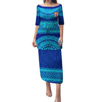 Personalised Fiji Puletasi Unique Fijian Tapa Pattern With Coat Of Arms LT14 Long Dress Blue - Polynesian Pride