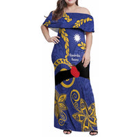 Nauru Angam Day Family Matching Off Shoulder Maxi Dress and Hawaiian Shirt Naoero Frigate Bird Polynesian Pattern LT14 Mom's Dress Blue - Polynesian Pride