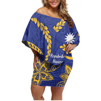 Nauru Angam Day Family Matching Off Shoulder Short Dress and Hawaiian Shirt Naoero Frigate Bird Polynesian Pattern LT14 Mom's Dress Blue - Polynesian Pride