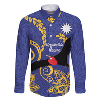Nauru Angam Day Family Matching Short Sleeve Bodycon Dress and Hawaiian Shirt Naoero Frigate Bird Polynesian Pattern LT14 Dad's Shirt - Long Sleeve Blue - Polynesian Pride