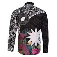 Black Nauru Family Matching Off The Shoulder Long Sleeve Dress and Hawaiian Shirt Naoero Map With Polynesian Tropical Flowers LT14 - Polynesian Pride