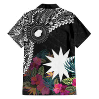 Black Nauru Family Matching Off Shoulder Short Dress and Hawaiian Shirt Naoero Map With Polynesian Tropical Flowers LT14 - Polynesian Pride