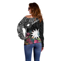 Black Nauru Off Shoulder Sweater Naoero Map With Polynesian Tropical Flowers LT14 - Polynesian Pride