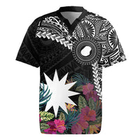 Black Nauru Rugby Jersey Naoero Map With Polynesian Tropical Flowers LT14 Black - Polynesian Pride
