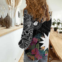 Black Nauru Women Casual Shirt Naoero Map With Polynesian Tropical Flowers LT14 - Polynesian Pride
