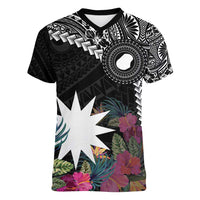 Black Nauru Women V-Neck T-Shirt Naoero Map With Polynesian Tropical Flowers LT14 Female Black - Polynesian Pride