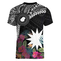 Black Nauru Women V-Neck T-Shirt Naoero Map With Polynesian Tropical Flowers LT14 - Polynesian Pride