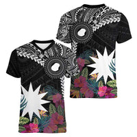 Black Nauru Women V-Neck T-Shirt Naoero Map With Polynesian Tropical Flowers LT14 - Polynesian Pride