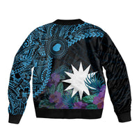 Blue Nauru Bomber Jacket Naoero Map With Polynesian Tropical Flowers LT14 - Polynesian Pride