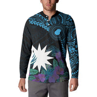 Blue Nauru Button Sweatshirt Naoero Map With Polynesian Tropical Flowers LT14 - Polynesian Pride
