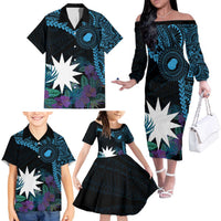 Blue Nauru Family Matching Off The Shoulder Long Sleeve Dress and Hawaiian Shirt Naoero Map With Polynesian Tropical Flowers LT14 - Polynesian Pride
