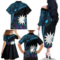 Blue Nauru Family Matching Off The Shoulder Long Sleeve Dress and Hawaiian Shirt Naoero Map With Polynesian Tropical Flowers LT14 - Polynesian Pride
