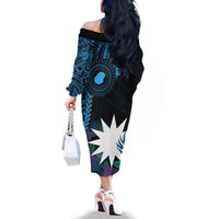 Blue Nauru Family Matching Off The Shoulder Long Sleeve Dress and Hawaiian Shirt Naoero Map With Polynesian Tropical Flowers LT14 - Polynesian Pride