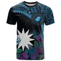 Blue Nauru T Shirt Naoero Map With Polynesian Tropical Flowers LT14 Blue - Polynesian Pride