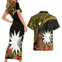 Gold Nauru Couples Matching Short Sleeve Bodycon Dress and Hawaiian Shirt Naoero Map With Polynesian Tropical Flowers LT14 - Polynesian Pride