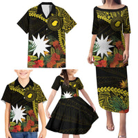 Gold Nauru Family Matching Puletasi and Hawaiian Shirt Naoero Map With Polynesian Tropical Flowers LT14 - Polynesian Pride